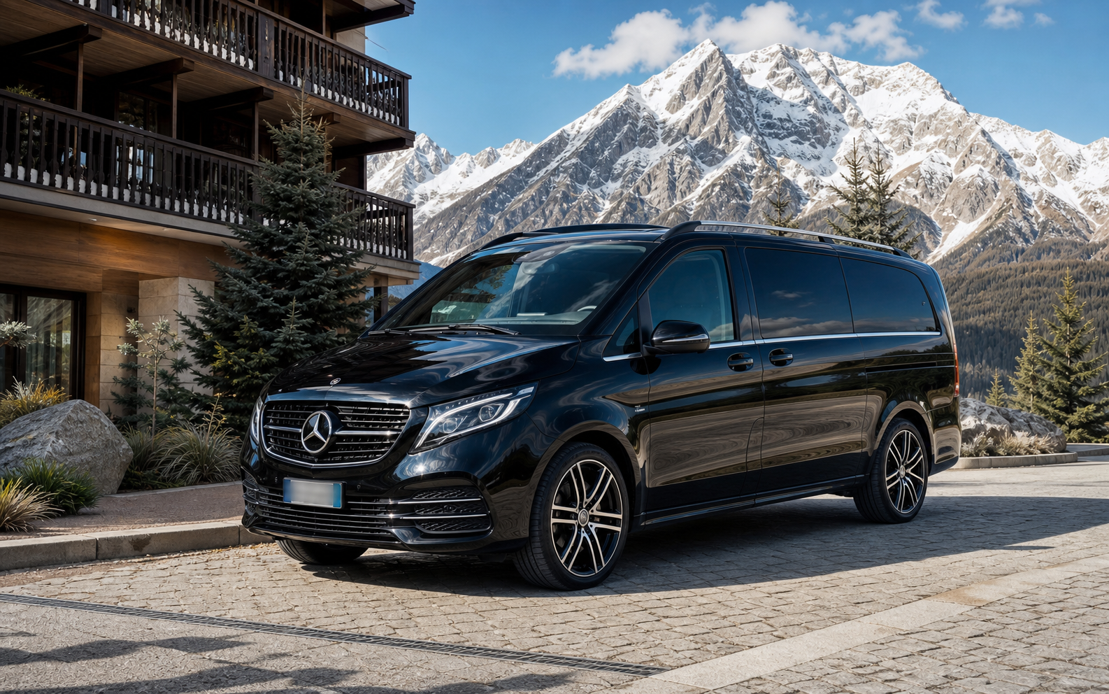 Luxury airport transfer Bormio Livigno Mercedes van in the Italian Alps with bike trolley service
